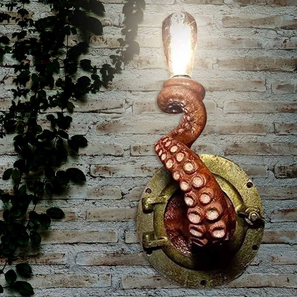 Fitlybuy Krakenna bronze octopus tentacle wall light with Edison bulb and nautical porthole mount on brick wall.