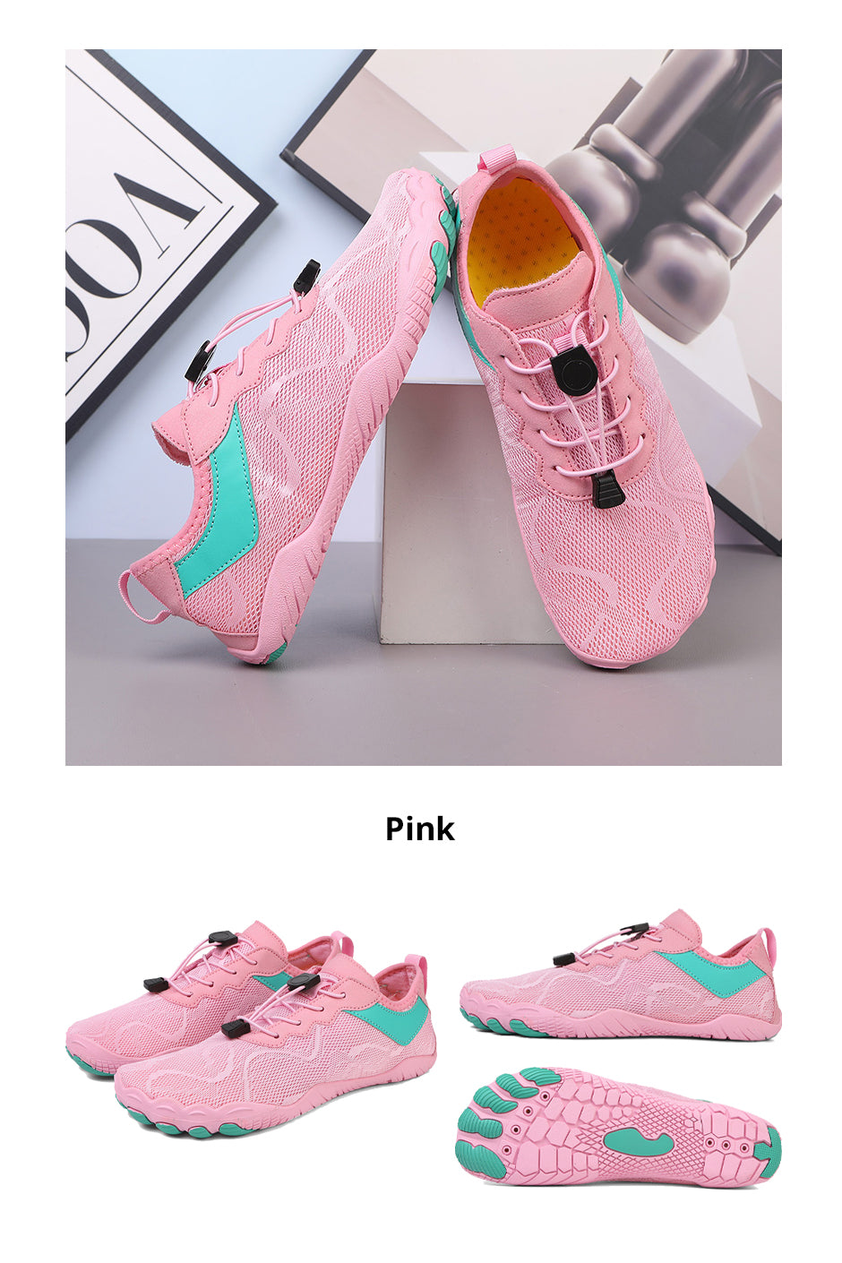 Pink Fitlybuy AquaStep non-slip barefoot water shoes with teal accents, mesh fabric, and toggle lacing on a gray stand.