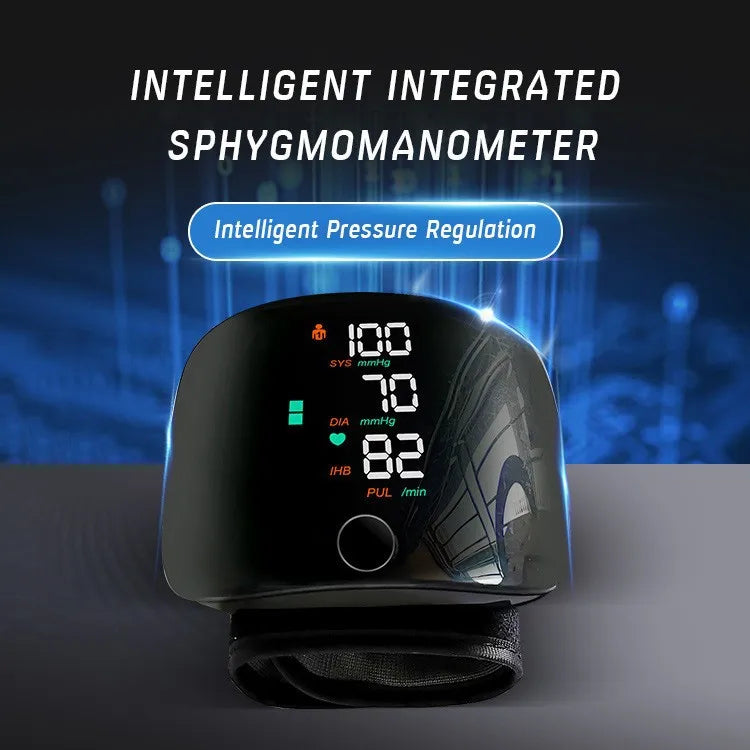Fitlybuy black portable wrist blood pressure monitor with digital display and PrecisionPulse technology.