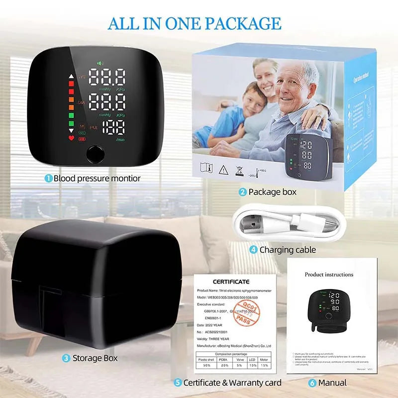 Fitlybuy black digital wrist blood pressure monitor, charging cable, storage case, manual, and certificate in a box.