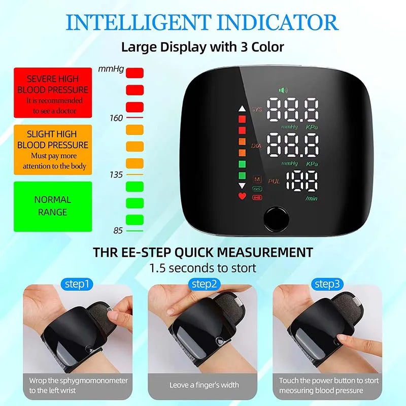 Fitlybuy black wrist blood pressure monitor featuring a 3-color LED display, PrecisionPulse tech, and 3-step instructions.