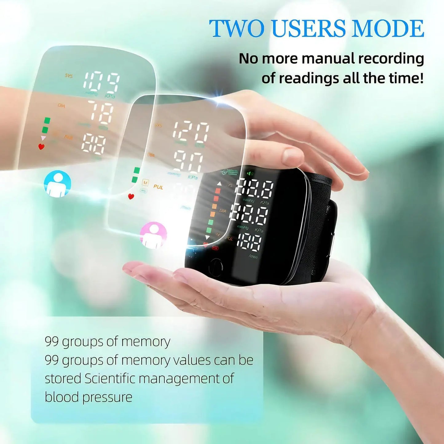 Fitlybuy black portable wrist blood pressure monitor with digital display, shown in two-user mode for health tracking.