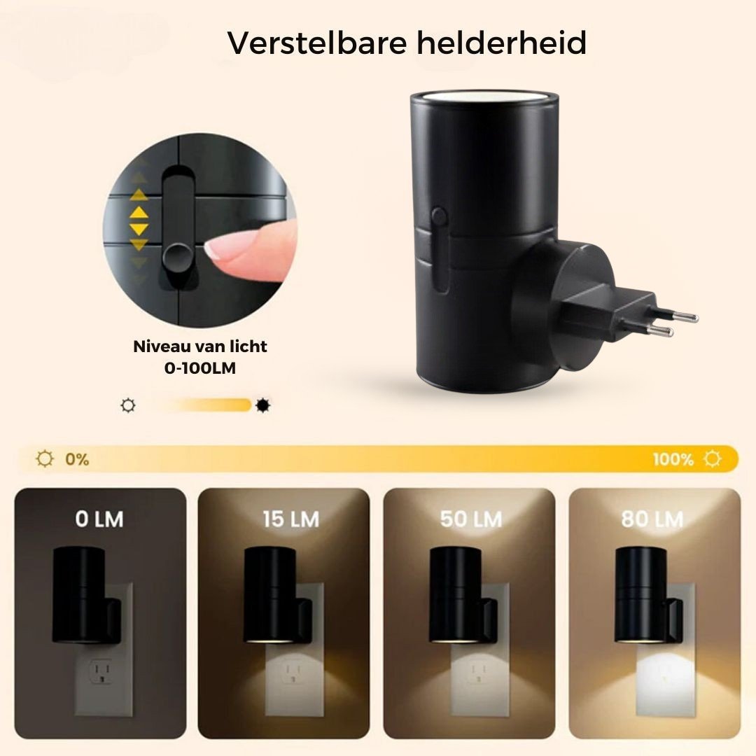 Black Fitlybuy Alova plug-in wall light showing dimmable LED brightness levels from 0 to 100 lumens on a wall outlet.