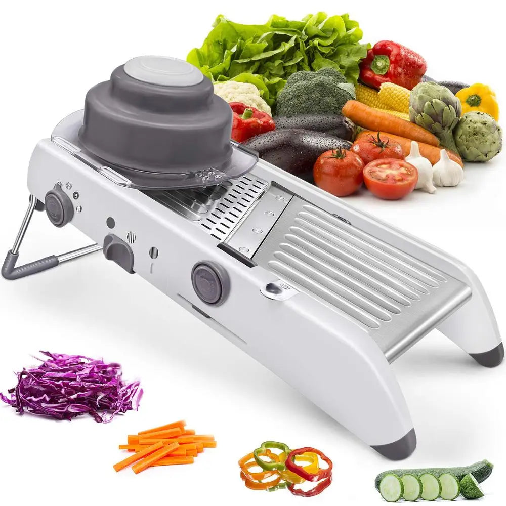 Fitlybuy white professional mandoline slicer with stainless steel blades and food pusher, surrounded by fresh produce.