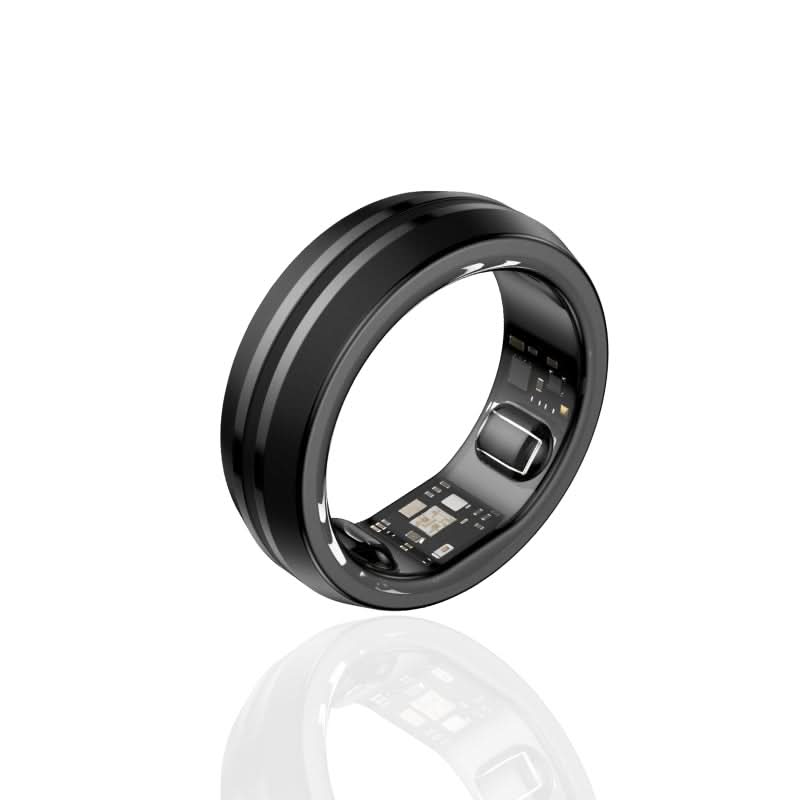 Glossy black Fitlybuy LYNX smart ring showing integrated bio-monitoring sensors on the interior band.