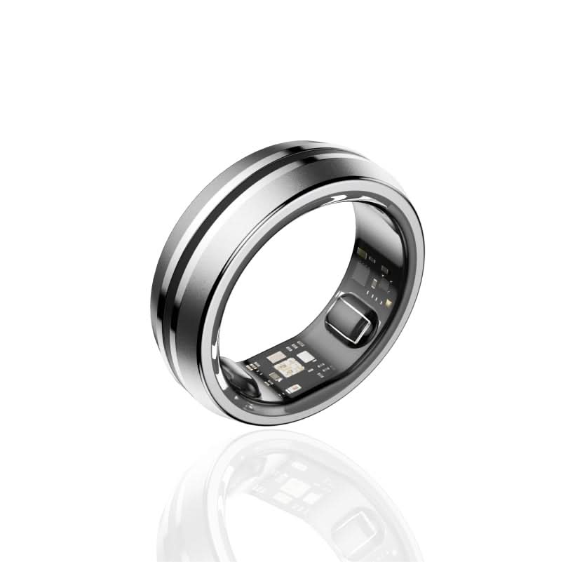 Silver Fitlybuy LYNX smart ring with HealthTrack bio-sensors visible on the inner band, isolated on white background.