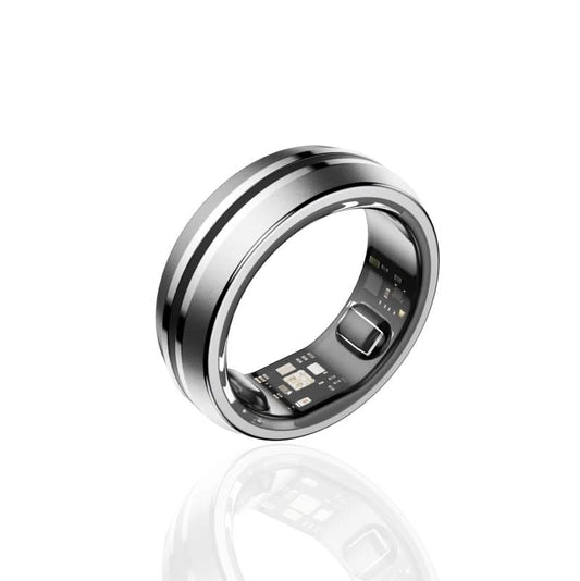 Silver Fitlybuy LYNX smart ring with HealthTrack bio-sensors visible on the inner band, isolated on white background.