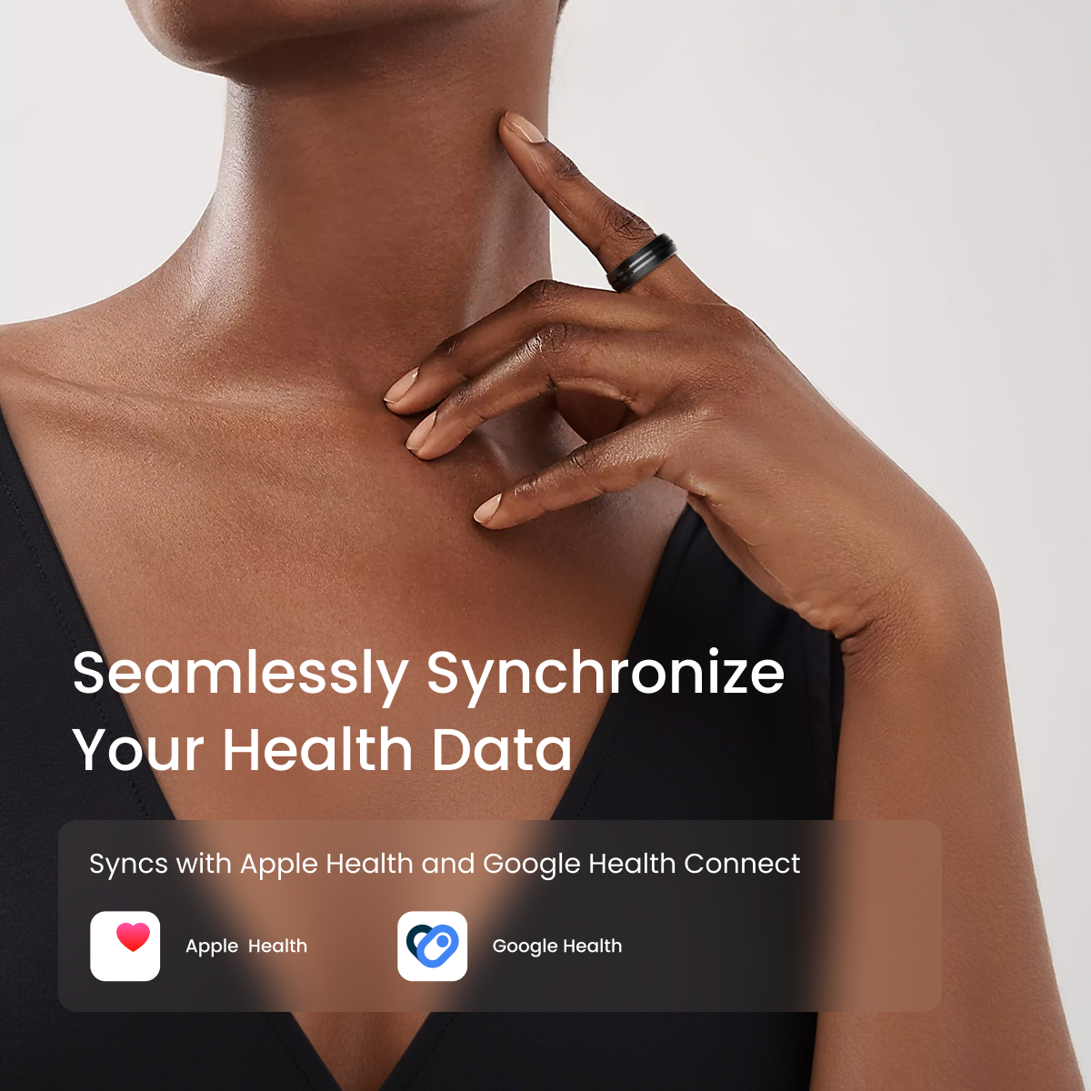 Fitlybuy LYNX smart ring in black worn on a finger, syncing health data with Apple Health and Google Health Connect.