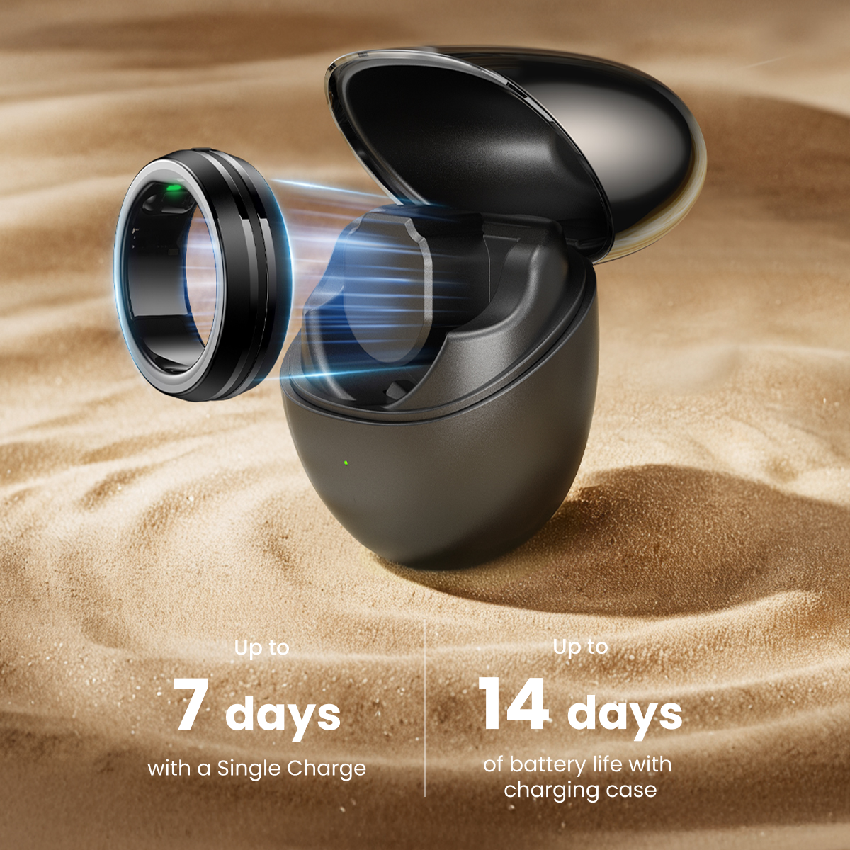 Fitlybuy LYNX smart ring in black hovering above its open charging case on sand, showing 14-day battery life features.
