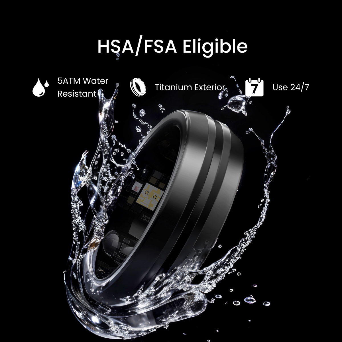 Fitlybuy LYNX black titanium smart ring in water splash, featuring HealthTrack bio-sensors and HSA/FSA eligibility.