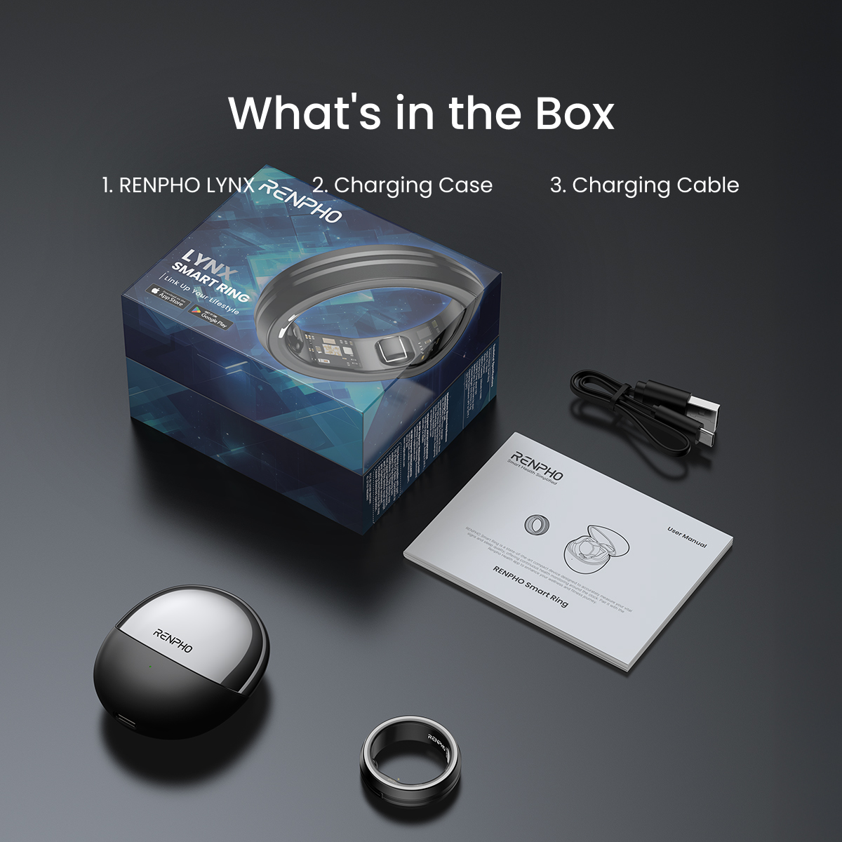 Fitlybuy LYNX smart ring box set includes a sleek black smart ring, charging case, cable, and user manual.
