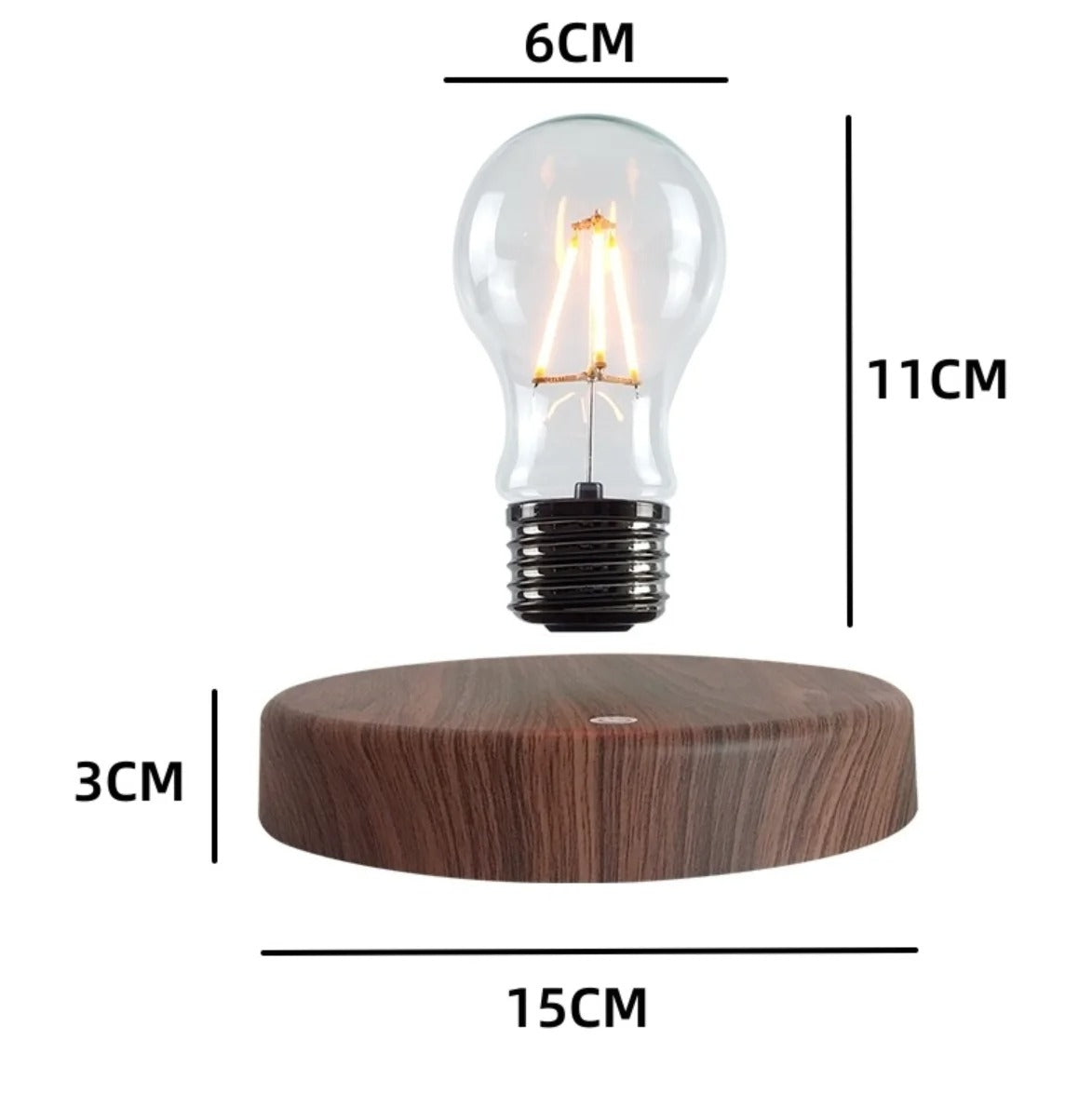 Fitlybuy Levion levitating Tesla bulb with warm LED glow above a round wood-grain base, showing dimensions in cm.
