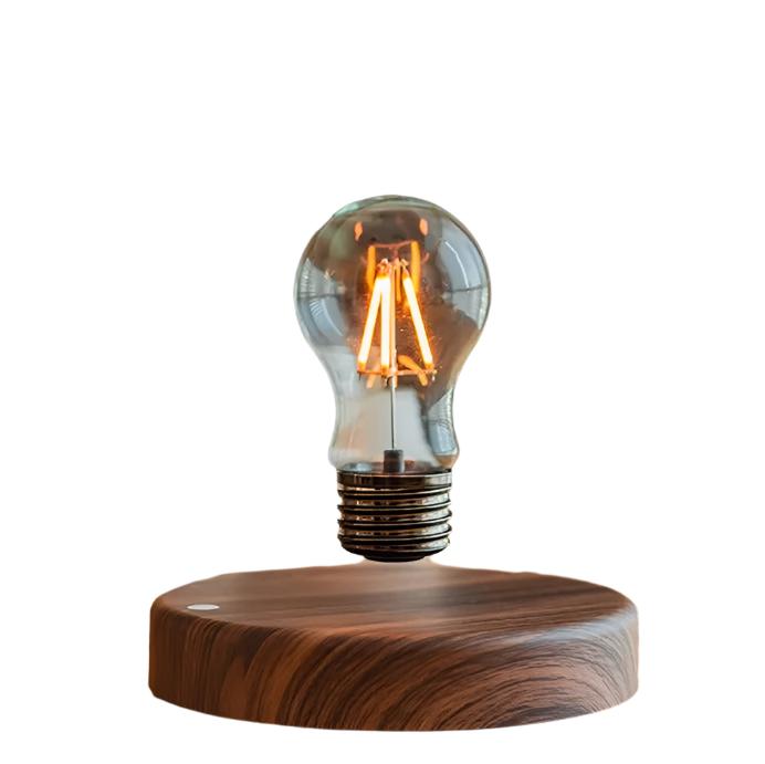 Fitlybuy Levion Levitating Tesla Lamp featuring a glowing LED bulb suspended magnetically over a dark wood base.