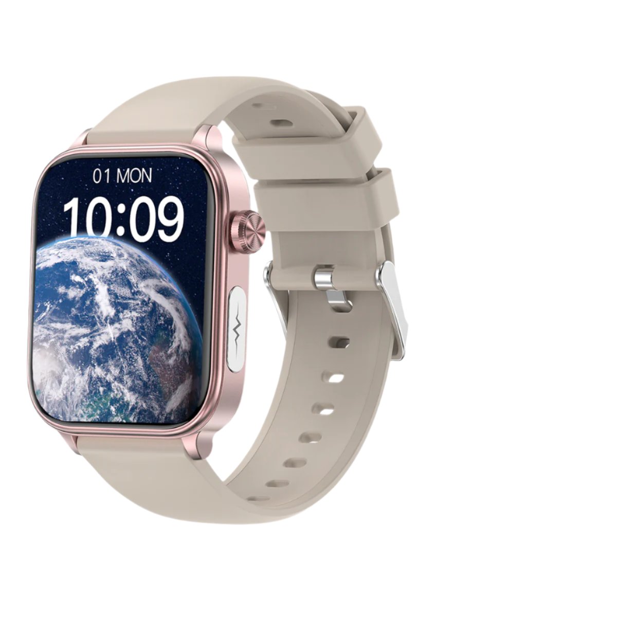 Fitlybuy rose gold smartwatch with beige silicone strap, earth screen display, and side health monitoring sensors.