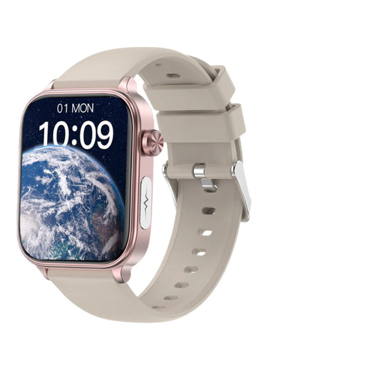 Fitlybuy rose gold smartwatch with beige silicone strap, earth screen display, and side health monitoring sensors.