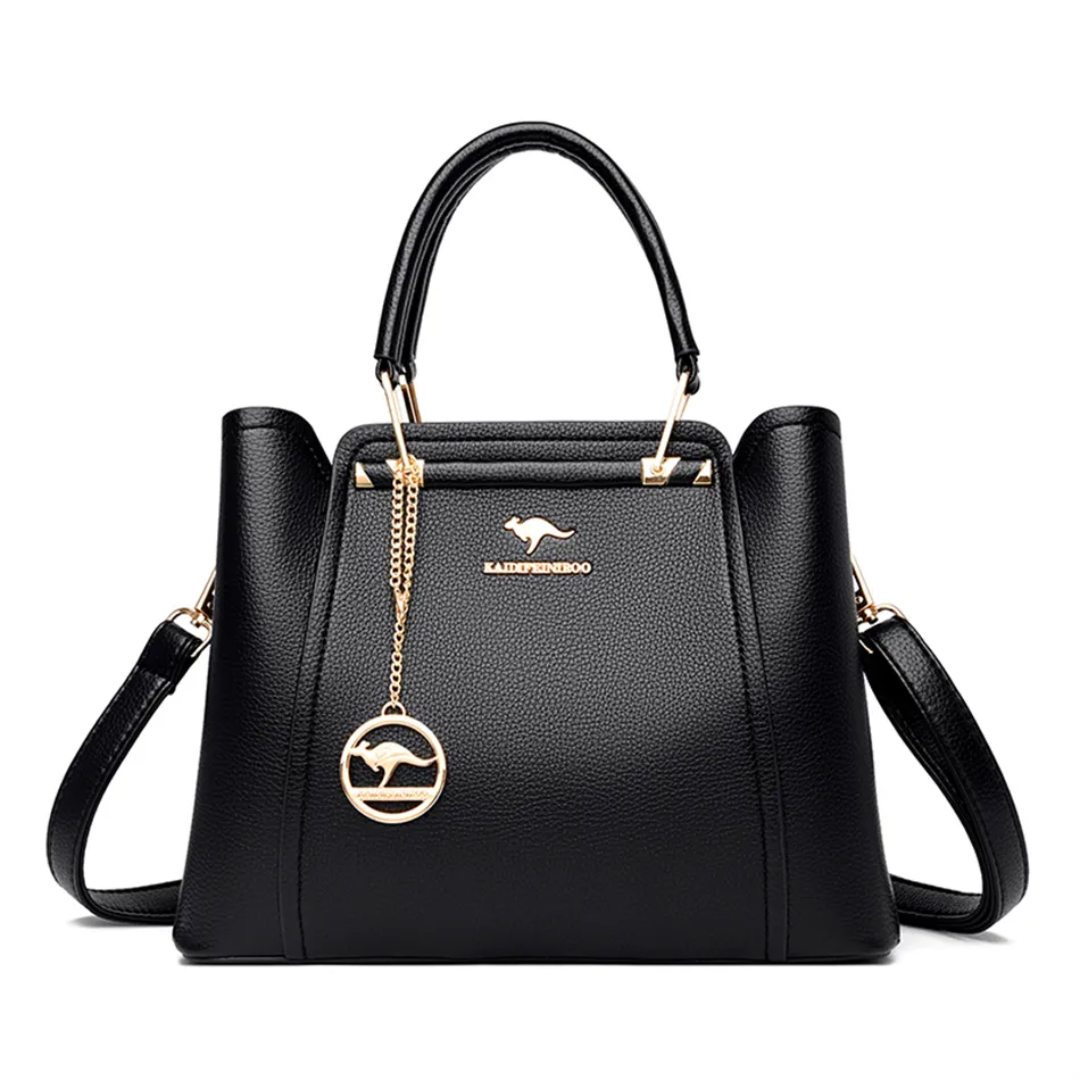 Black Fitlybuy Vivian luxury PU leather shoulder bag with a gold kangaroo logo, charm, and versatile crossbody strap.