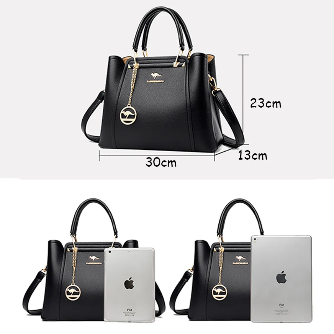 Black PU leather Fitlybuy Vivian shoulder bag with gold hardware, detachable strap, and dimensions shown next to tablets.
