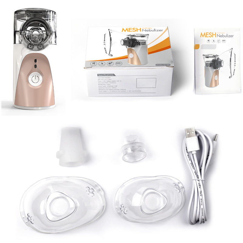 Fitlybuy portable mesh nebulizer in white and rose gold with masks, mouthpiece, and USB cable, shown in packaging.