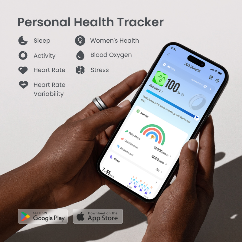 Fitlybuy LYNX smart ring (silver) worn on a hand, with a phone app showing health tracking metrics.