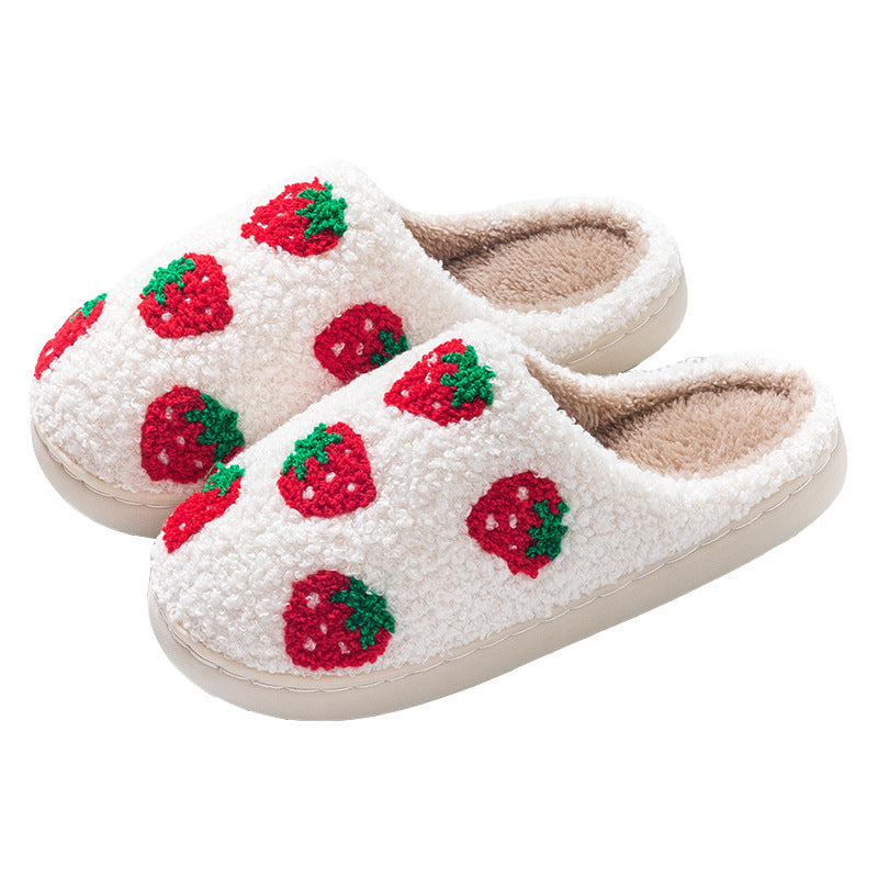Fitlybuy Nordic Comfort slippers in cream fuzzy fabric with red strawberry pattern, plush lining, and cushioned soles.