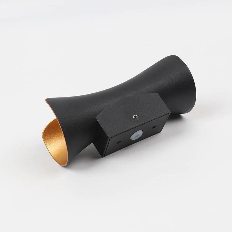 Fitlybuy Lumio modern black wall light with a gold interior, dual-cone shape, and mounting bracket on white background.