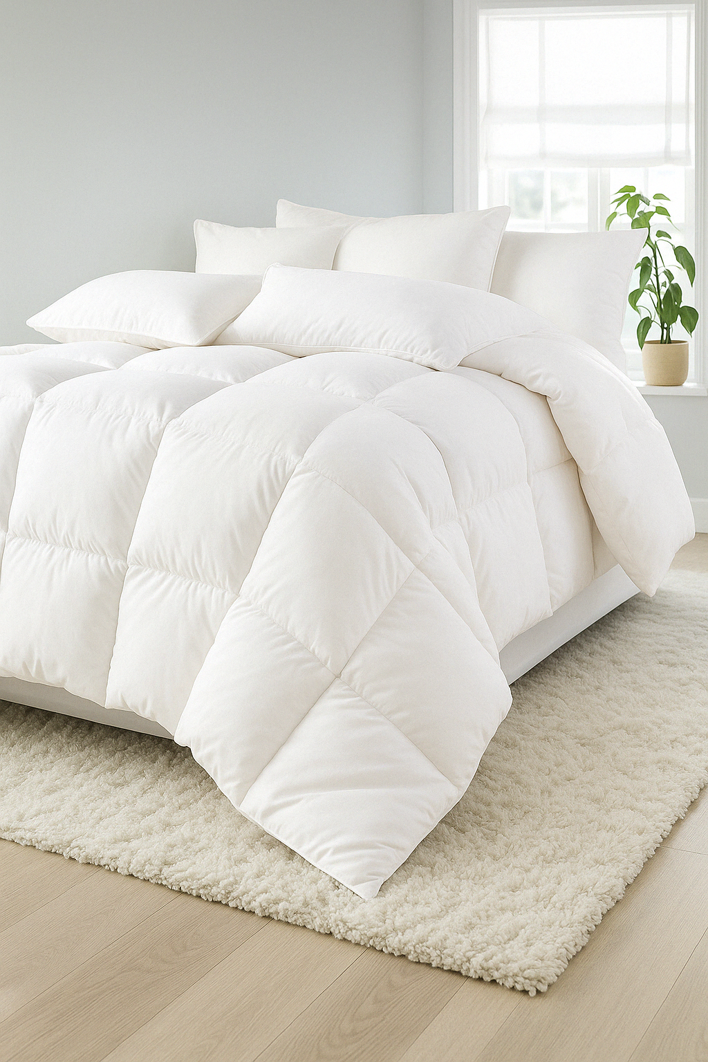 Fitlybuy Luxor white winter microfiber quilt with box-stitch ThermoGuard insulation on a bed in a bright bedroom.