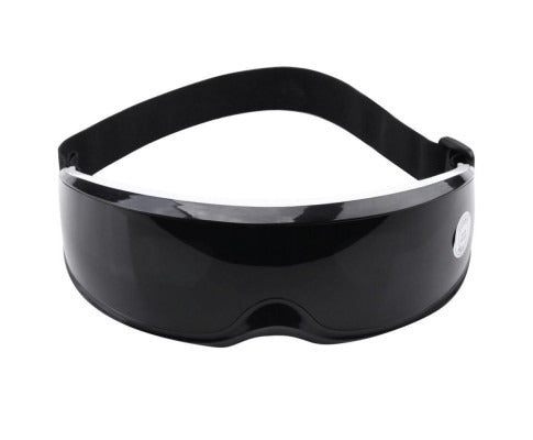 Fitlybuy black rechargeable wireless eye massager with adjustable strap and heat therapy technology.