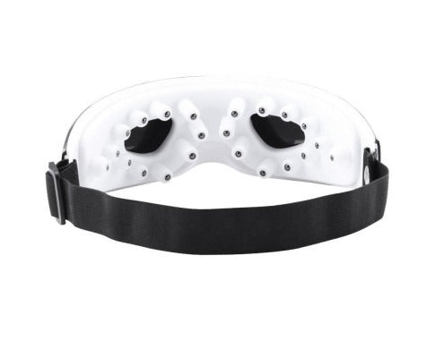 Fitlybuy white wireless eye massager with multiple acupoint nodes, black strap, and heating therapy features.