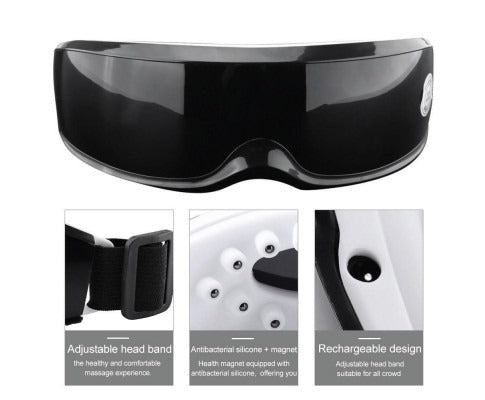 Black Fitlybuy wireless eye massager with heat therapy, adjustable strap, magnetic silicone nodes, and rechargeable port.