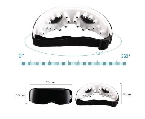 Fitlybuy wireless eye massager with heat, featuring white massage nodes, a black strap, and 19cm by 10cm dimensions.