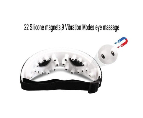 Fitlybuy white eye massager featuring 22 silicone magnets and adjustable strap for 9-mode vibration heat therapy.
