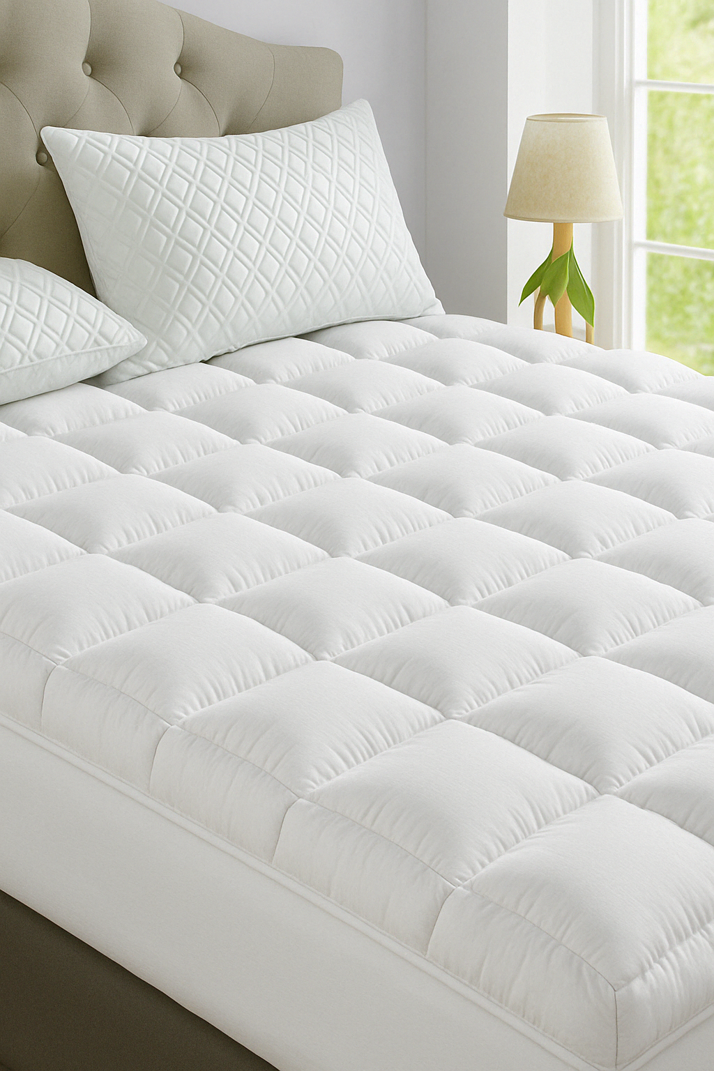 Fitlybuy white, plush, tufted mattress topper with UltraSoft comfort, displayed on a bed with quilted pillows.