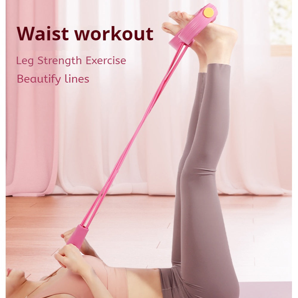 Pink Fitlybuy yoga pedal puller resistance band used for a leg workout by a person lying on a mat.