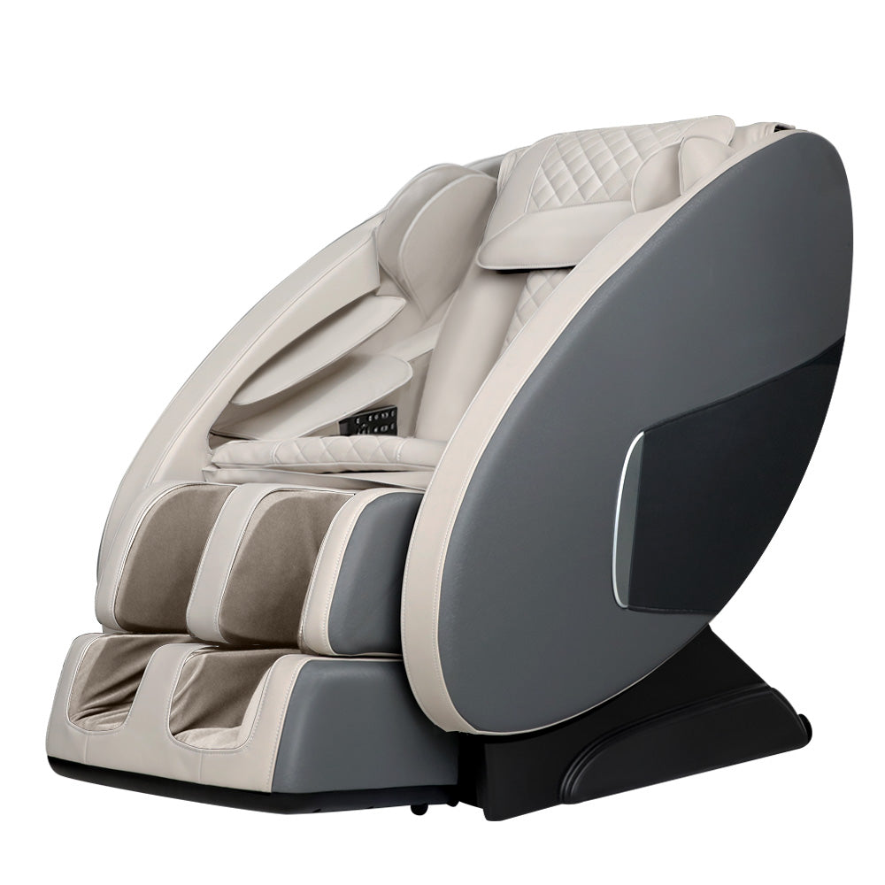 Fitlybuy zero gravity massage chair in cream and dark gray with diamond-stitched padding and foot massager.
