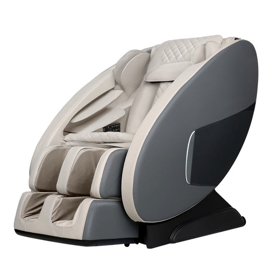 Fitlybuy zero gravity massage chair in cream and dark gray with diamond-stitched padding and foot massager.