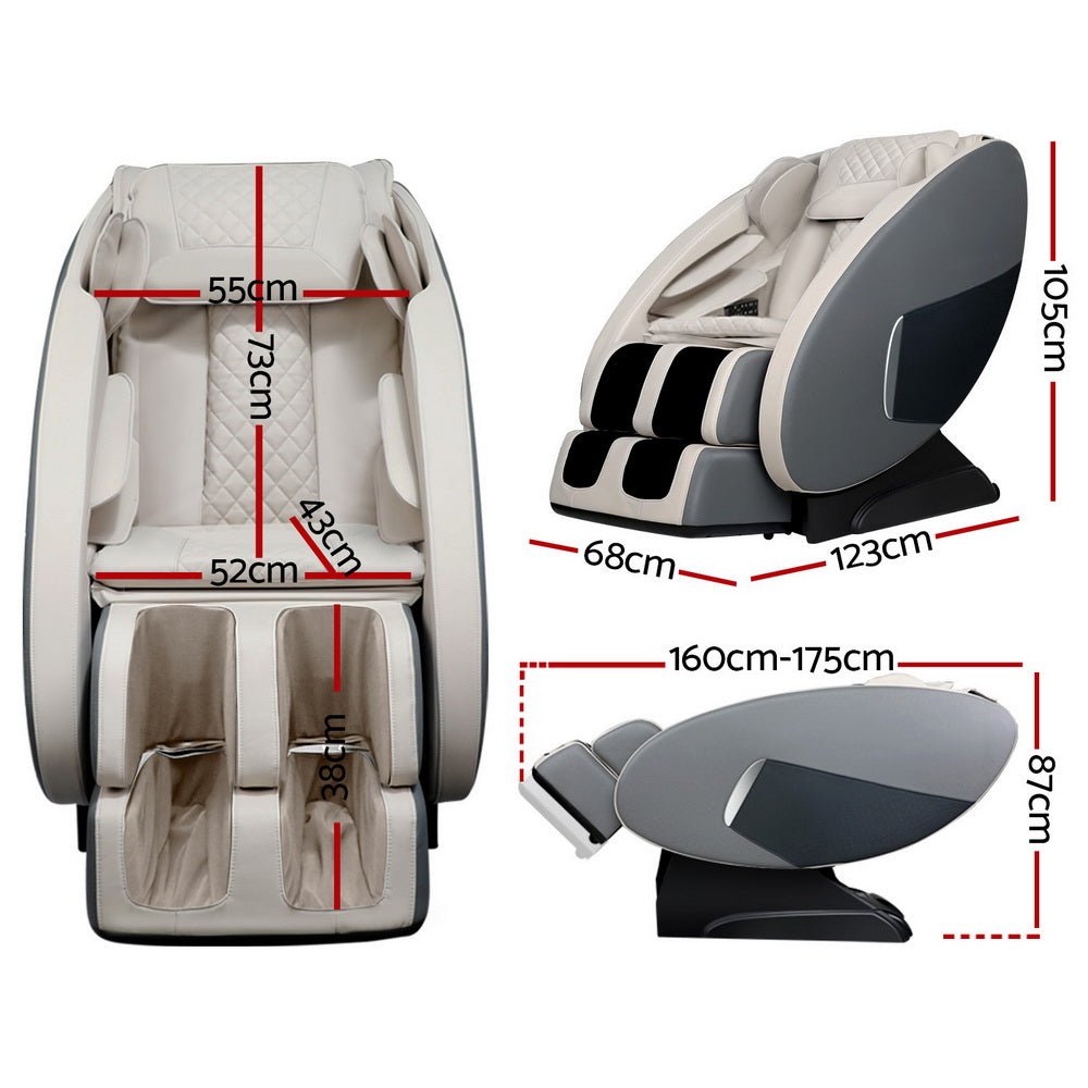 Fitlybuy zero-gravity massage chair in cream and grey with RelaxPro comfort, showing dimensions and reclining angles.