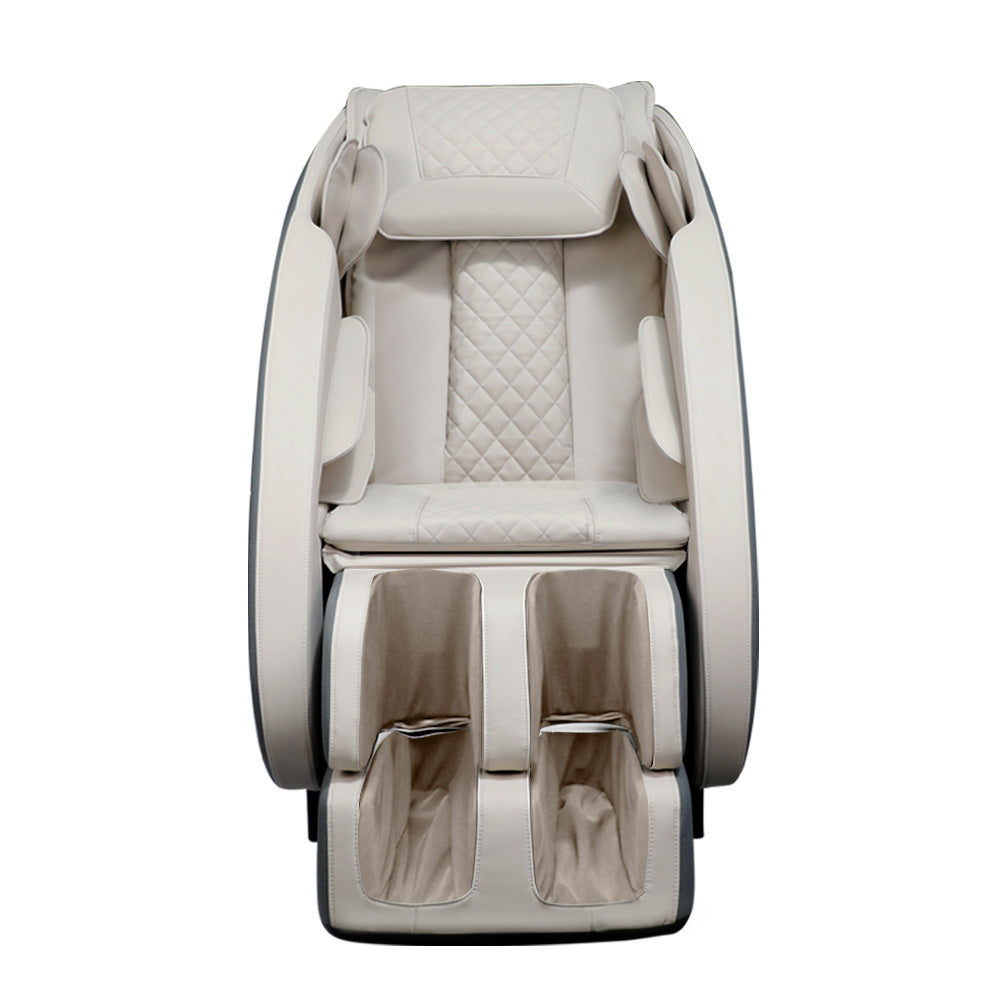 Cream Fitlybuy zero gravity massage chair with quilted upholstery and leg massagers against a white background.