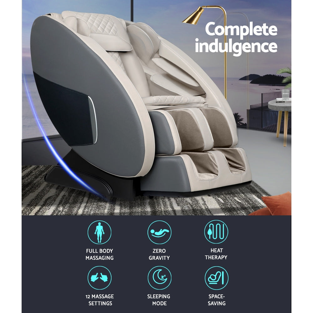 Fitlybuy gray and beige zero-gravity massage chair with RelaxPro tech, showing features like heat and massage modes.