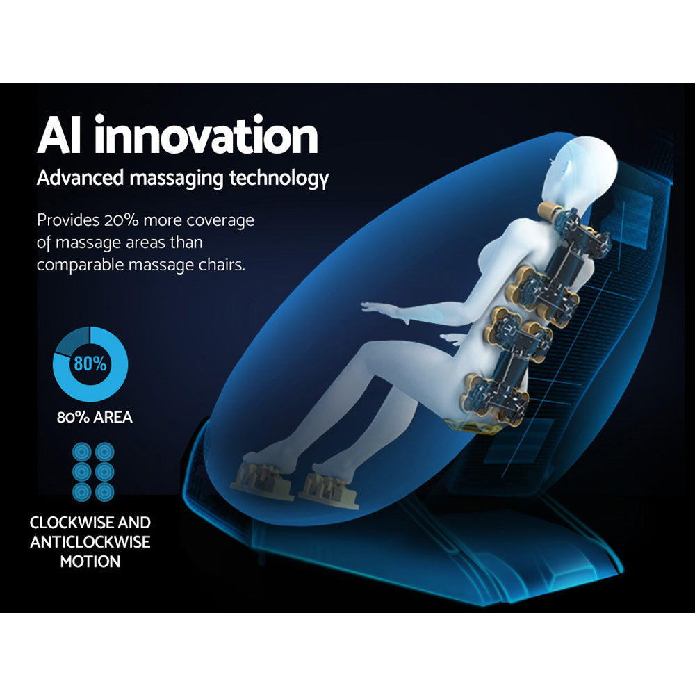 Fitlybuy zero gravity massage chair diagram showing AI-driven 80% coverage massage rollers and RelaxPro technology.