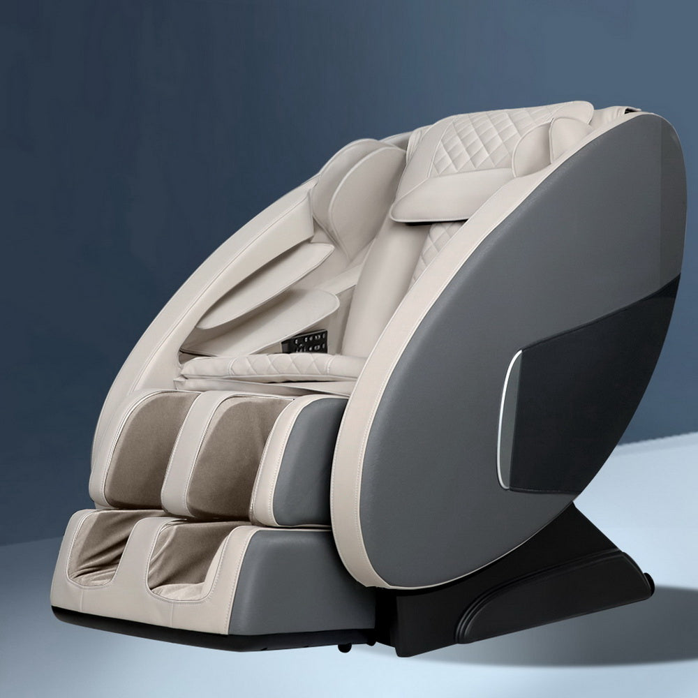 Fitlybuy Zero Gravity massage chair in beige and grey with quilted headrest, foot massager, and sleek modern design.