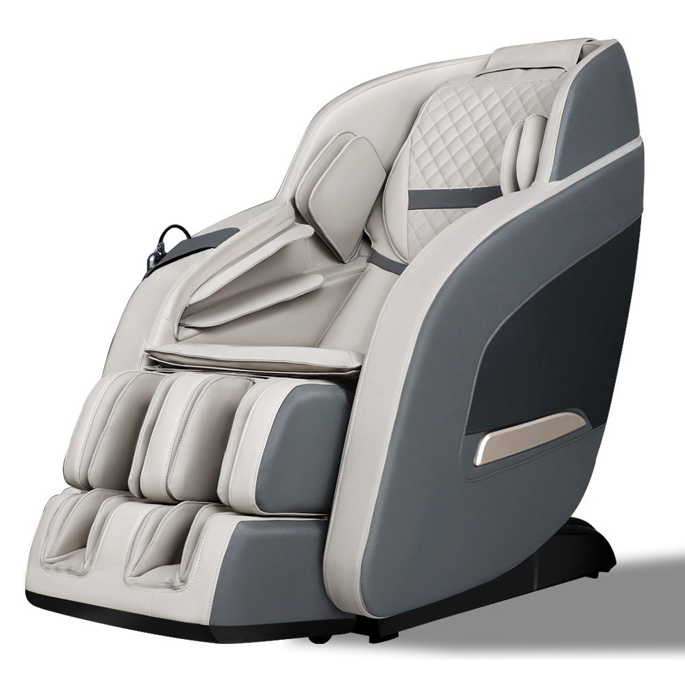 Fitlybuy zero gravity massage chair in white and gray with diamond-stitched backrest for full-body therapeutic massage.