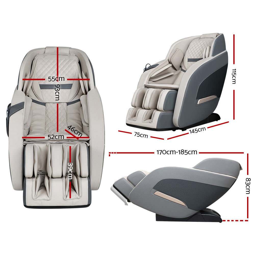 Fitlybuy zero-gravity massage chair in beige and grey, showing front and side views with detailed dimension labels.