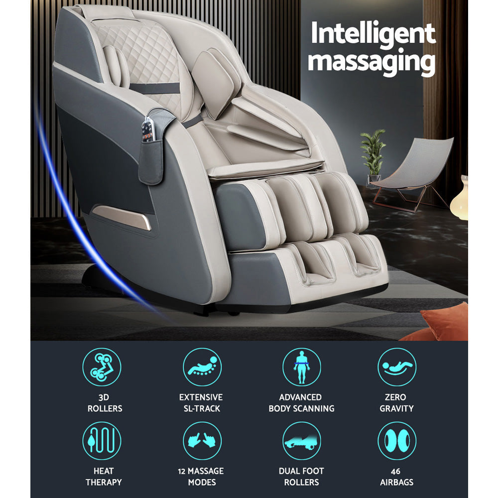 Fitlybuy gray and beige zero-gravity massage chair with quilted seat, remote, and icon-labeled features.