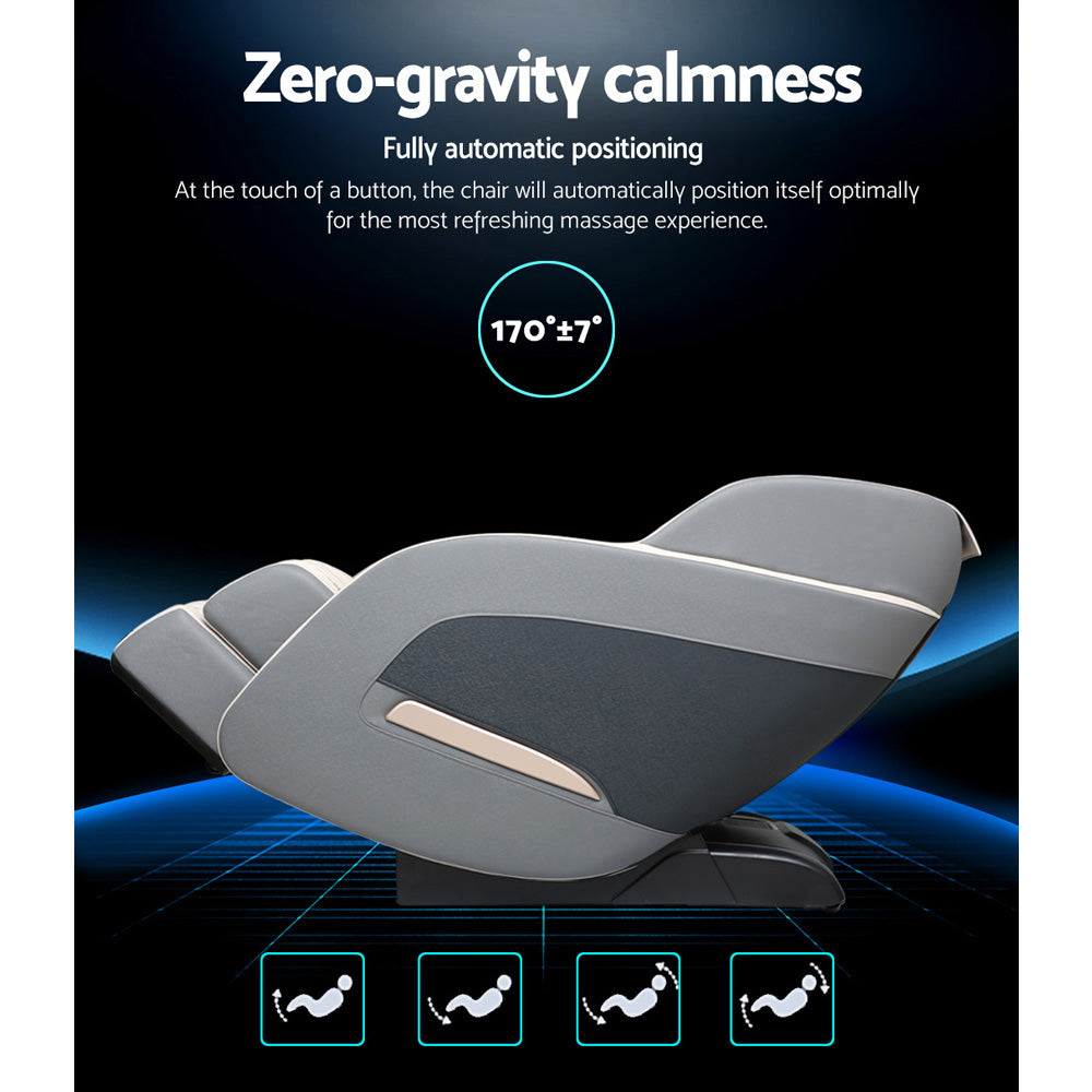 Grey Fitlybuy zero-gravity massage chair in 170-degree recline mode against a blue digital tech background.