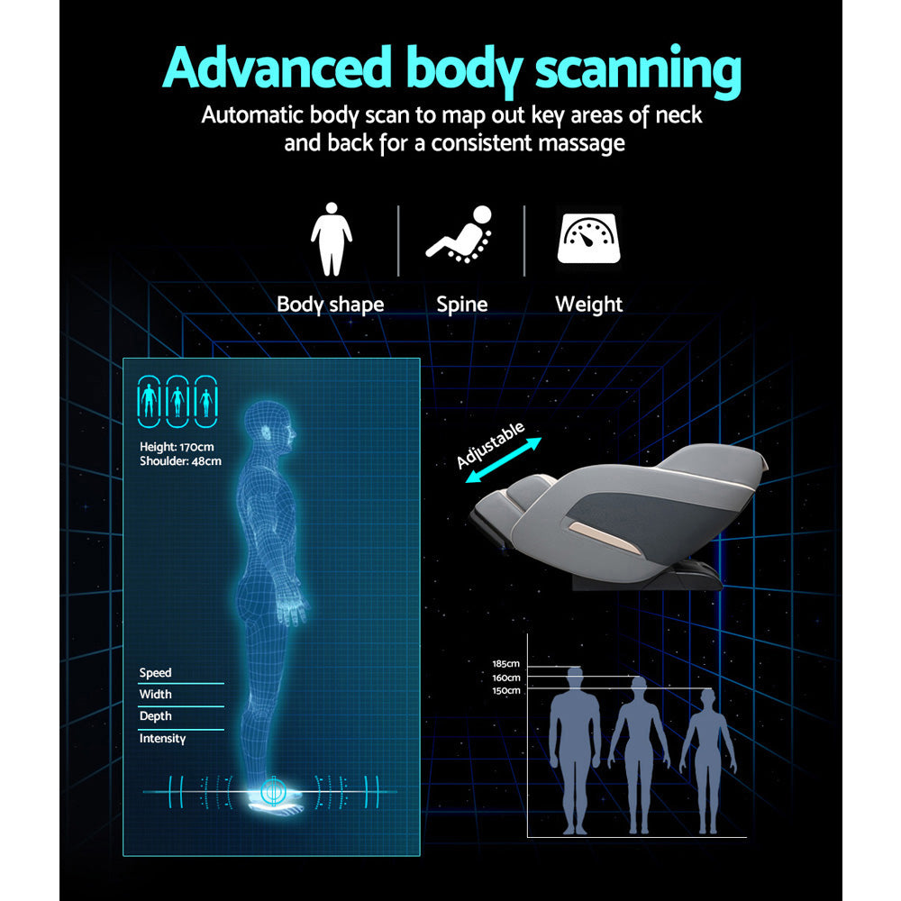 Fitlybuy zero gravity massage chair graphic showing advanced body scanning technology for customized massage adjustments.