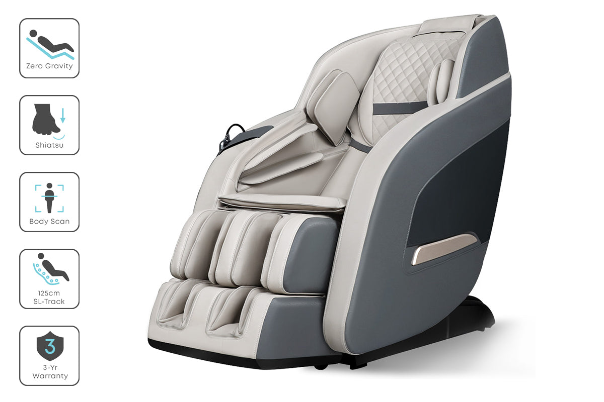 Fitlybuy beige and grey zero gravity massage chair with SL-track and icons highlighting features on a white background.