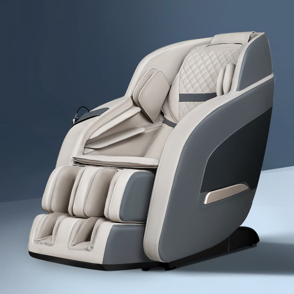 Fitlybuy zero-gravity massage chair in cream and gray, featuring an ergonomic design, quilted backrest, and foot rollers.