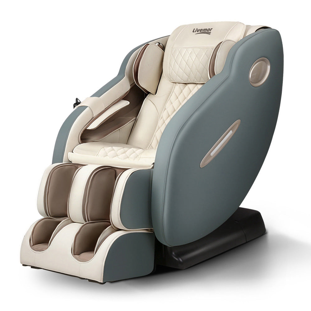 Fitlybuy grey and cream massage chair with quilted interior and integrated leg massager, isolated on white background.