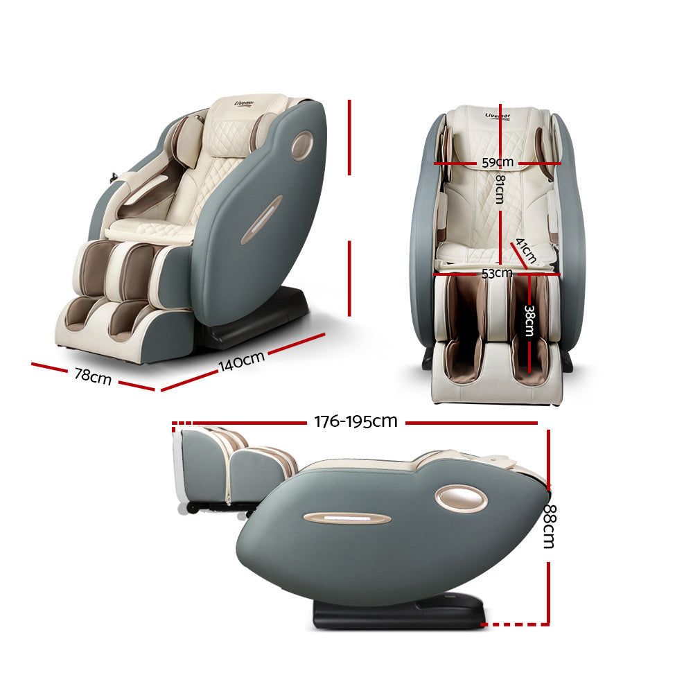 Fitlybuy Deluxe Massage Chair in gray and beige with ComfortWave technology, shown from multiple angles with dimensions.