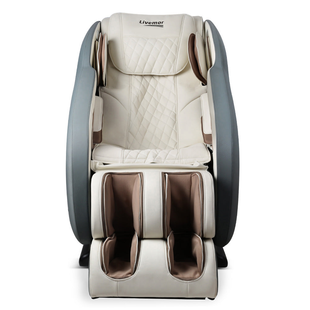 Fitlybuy Deluxe Massage Chair in cream and grey with diamond-stitched leather and ComfortWave technology.